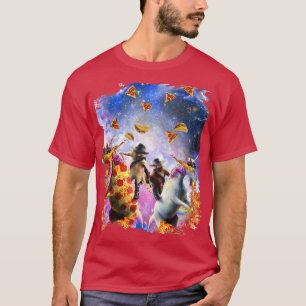 Cowboy Cat Sloth Riding Fire Unicorn, Space Pizza  T-Shirt