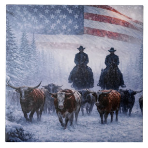 Cowboy Cattle Drive Winter Artwork Tile