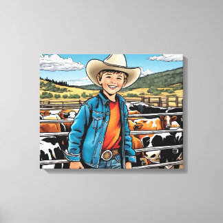 Cowboy Cattle Ranch Young Boy Graphic Art Canvas Print