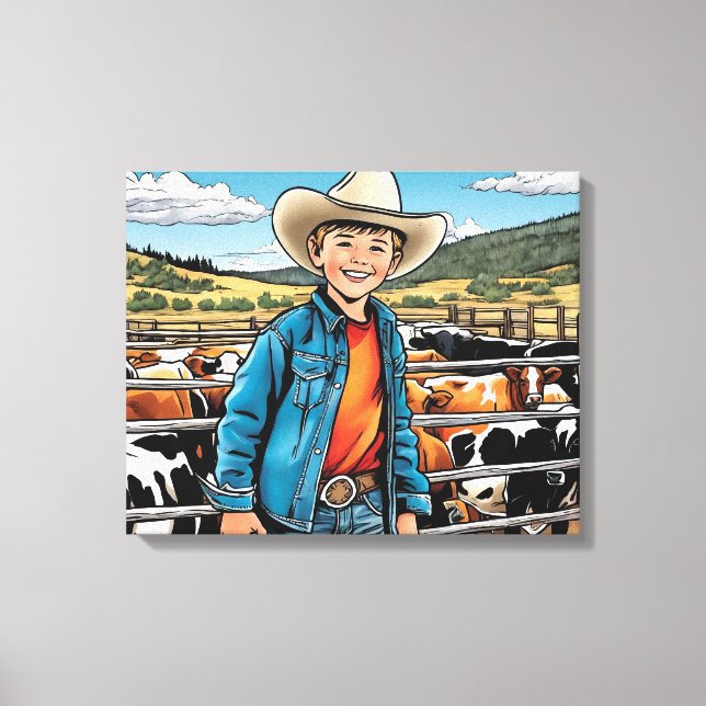 Cowboy Cattle Ranch Young Boy Graphic Art Canvas Print (Front)