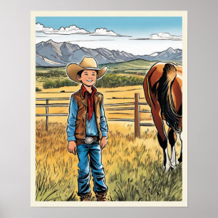 Cowboy Cattle Ranch Young Boy Graphic Art Poster