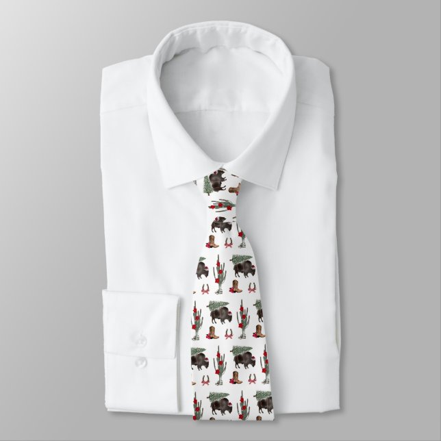 Cowboy Christmas Bison Western Buffalo Pattern Tie (Tied)