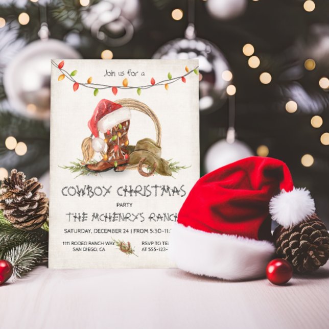 Cowboy Christmas lights Rustic Watercolor Party Invitation (Creator Uploaded)