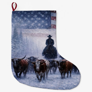 Cowboy Christmas Spirit with Cattle Large Christmas Stocking