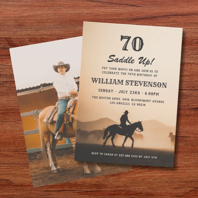 Cowboy Country Vintage Rustic Photo 70th Birthday Invitation (Creator Uploaded)