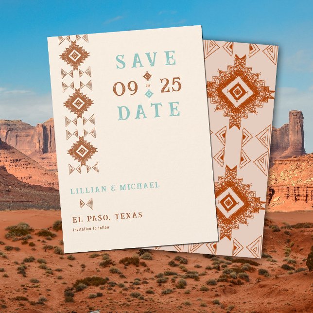 Cowboy Country Western Chic Wedding Save the Date Invitation (cowboy country western desert wedding save the date aztec pattern terracotta teal)