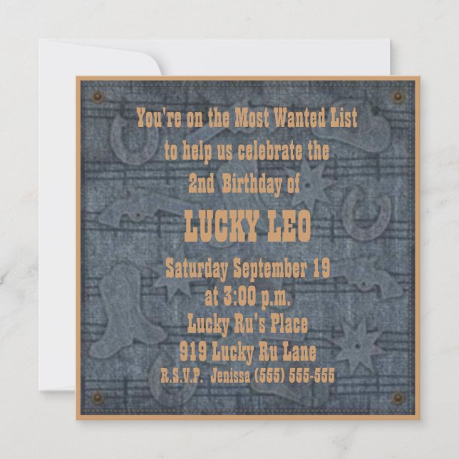 Cowboy/Cowgirl Blue Jean Birthday Party Invitation (Front)
