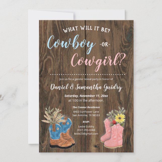 Cowboy/Cowgirl Bootie Dark Wood Gender Reveal Invitation (Front)