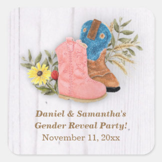 Cowboy/Cowgirl Bootie White Wood Gender Reveal Square Sticker