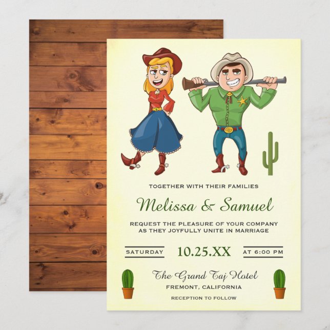 Cowboy Cowgirl Cartoon Couple Wedding Invitation (Front/Back)