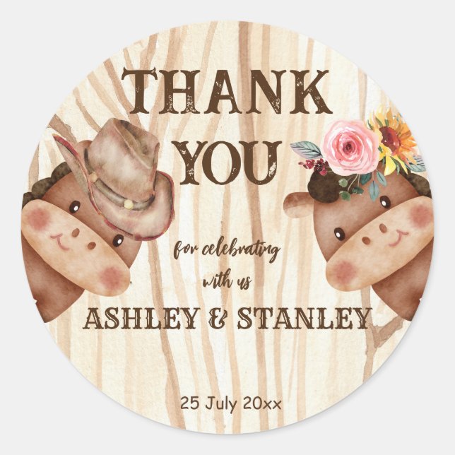 Cowboy cowgirl gender reveal party classic round sticker (Front)