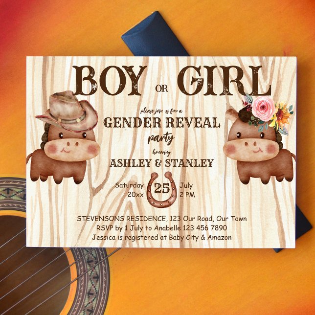 Cowboy cowgirl gender reveal party cute baby horse invitation (Creator Uploaded)