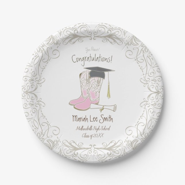 Cowboy Cowgirl Graduation Country Western Party Paper Plate (Front)