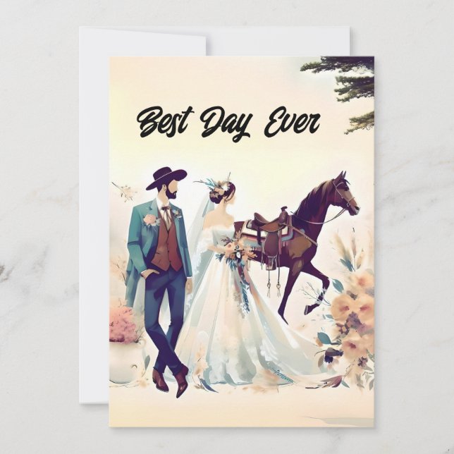Cowboy, Cowgirl, Horse  Best Day Ever Wedding Invitation (Front)