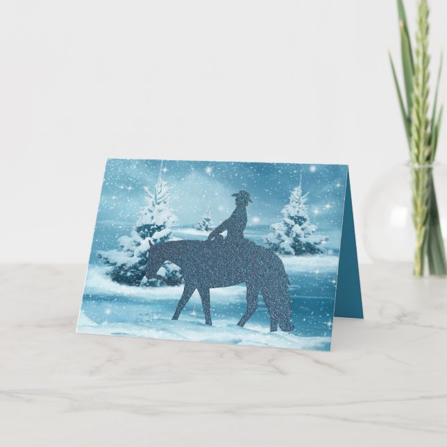 Cowboy Cowgirl Horse Winter Scene Holiday Card (Front)