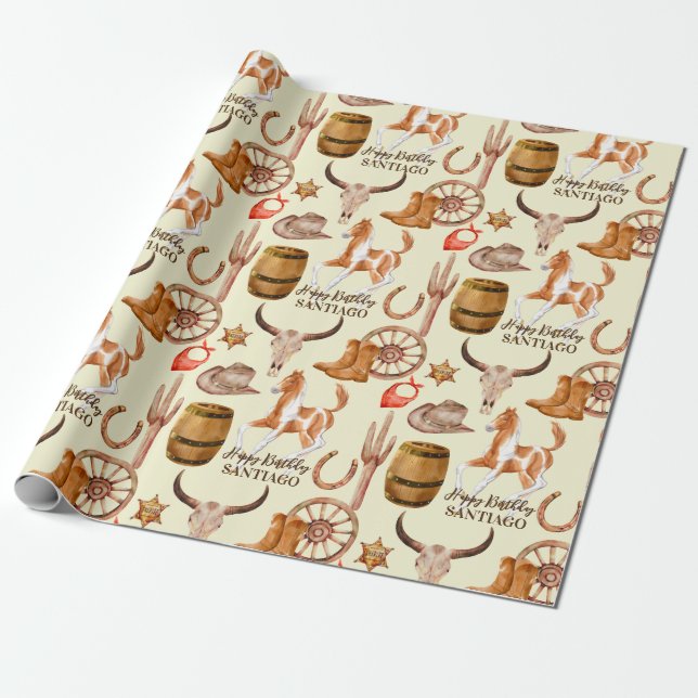 Cowboy cowgirl western horse personalised name wrapping paper (Unrolled)