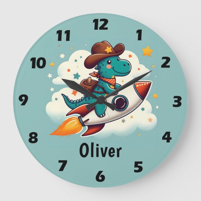 Cowboy Dino Riding a Spaceship Large Clock (Front)
