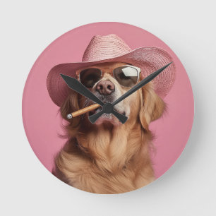 Cowboy Dog Wall Clock with Hat and Sunglasses - Hu