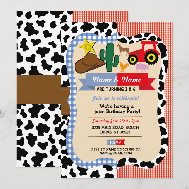 Cowboy & Farm Joint Boy Girl Birthday Animal Horse Invitation (Front/Back)
