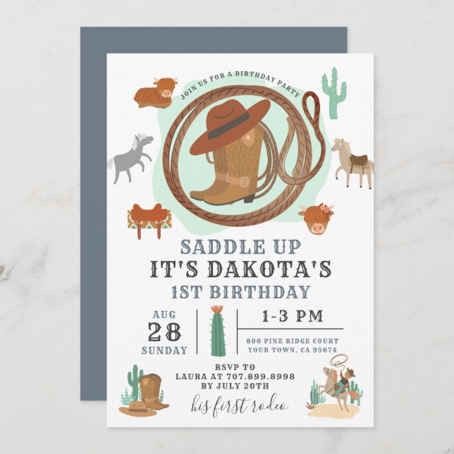 Cowboy First Birthday Invitation (Front/Back)