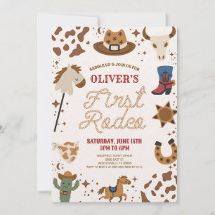 Cowboy First Rodeo 1st Birthday Red Brown Invitation
