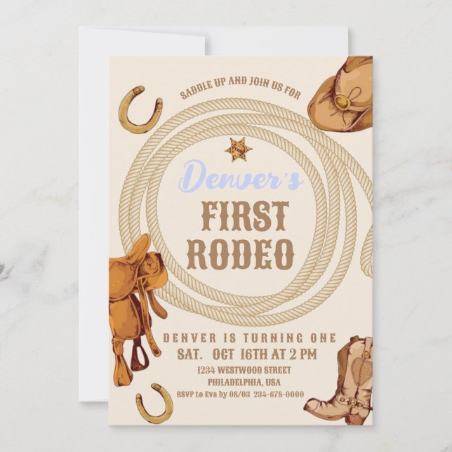 Cowboy First Rodeo Birthday Invite Gender Neutral (Front)