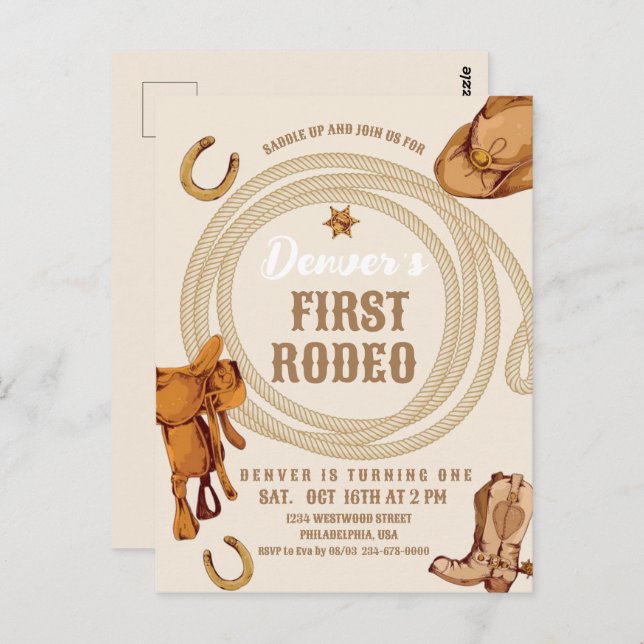 Cowboy First Rodeo Birthday Invite Gender Neutral Postcard (Front/Back)