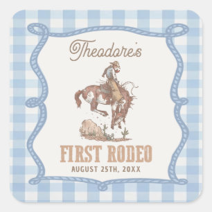 Cowboy First Rodeo Gingham Birthday  Square Sticker