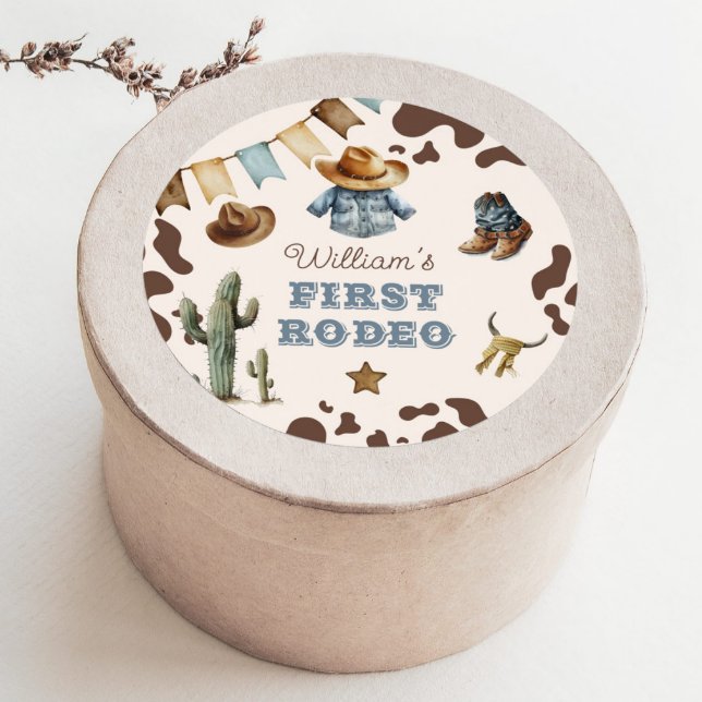 Cowboy First Rodeo Wild west Birthday party Classic Round Sticker (Creator Uploaded)