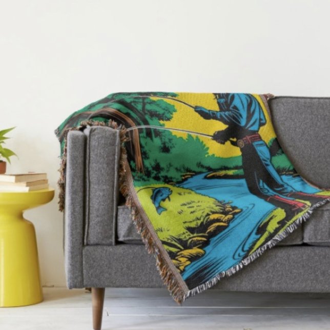 Cowboy Fisherman on River Bank  Throw Blanket (Retro Cowboy Fishing Riverside Scene blanket - soft and colourful available  in 3 different sizes. )