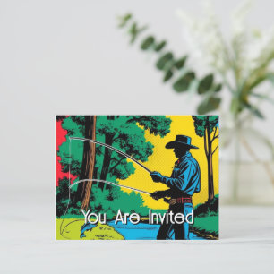 Cowboy Fisherman On Riverbank  Invitation Postcard