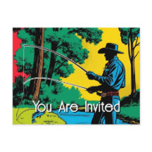 Cowboy Fisherman On Riverbank  Invitation Postcard