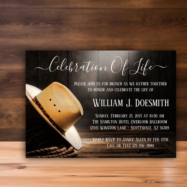 Cowboy Funeral Memorial Service Invitation (Cowboy hat and rope memorial and funeral announcement. Simply add your event details.)