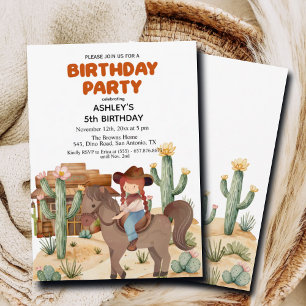 Cowboy Girl on Horse 5th Birthday Party Invitation