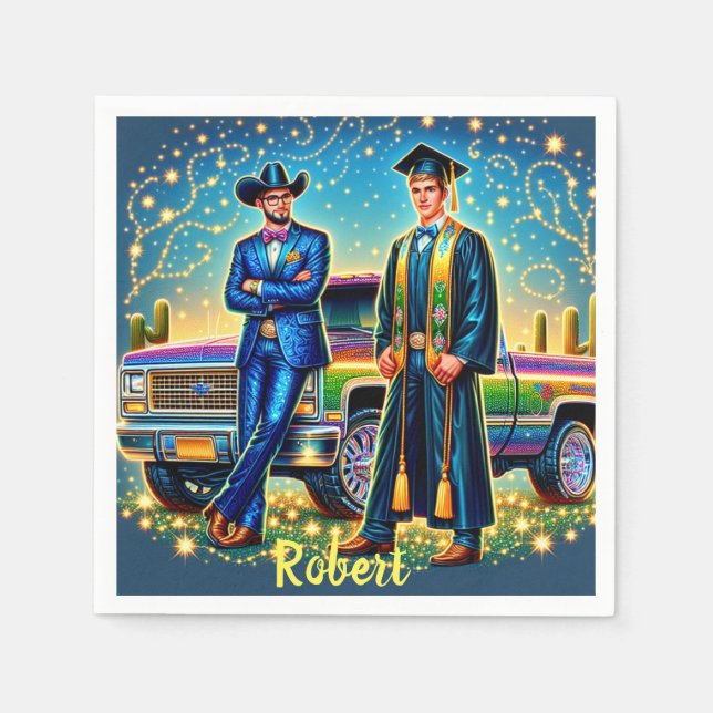 Cowboy Graduation Guy With Pickup Truck Custom Napkin (Front)