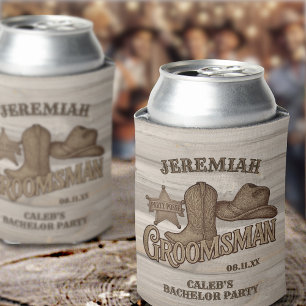 Cowboy Groomsman Rustic Woodcut Bachelor Party Can Cooler