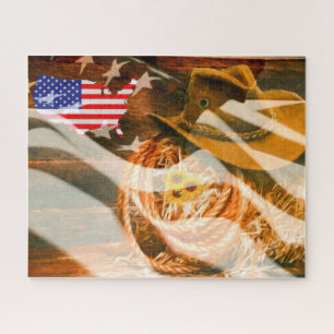 Cowboy Hat American Flag Sunrays Jigsaw Puzzle