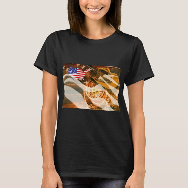 Cowboy Hat American Flag Sunrays T-Shirt (Front)