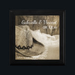 Cowboy Hat and Barn Wood Country Western Wedding Gift Box<br><div class="desc">Customise the charming Cowboy Hat and Barn Wood Country Wedding Gift Box with the personal names of the bride and groom and marriage ceremony date. This rustic chic custom ranch theme trinket box features a digitally enhanced black and white sepia tone photograph of a cowboy hat, white bridal veil and...</div>