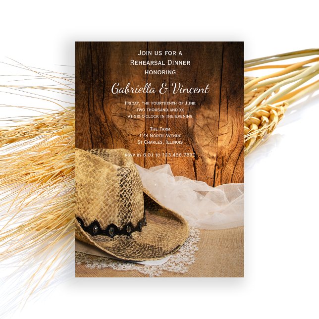 Cowboy Hat and Barn Wood Wedding Rehearsal Dinner Invitation (Creator Uploaded)