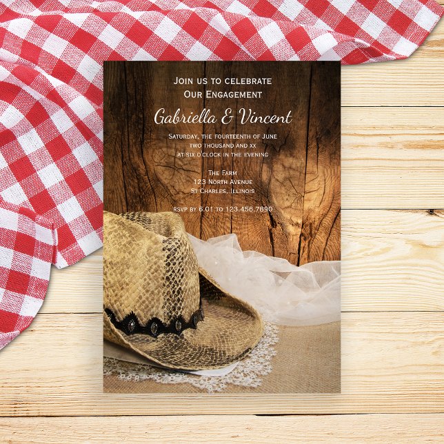 Cowboy Hat and Barn Wood Western Engagement Party Invitation (Creator Uploaded)