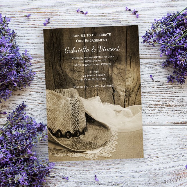 Cowboy Hat and Barn Wood Western Engagement Party Invitation (Creator Uploaded)