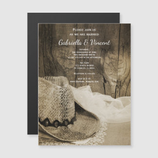 Cowboy Hat and Barn Wood Western Wedding Magnetic Invitation