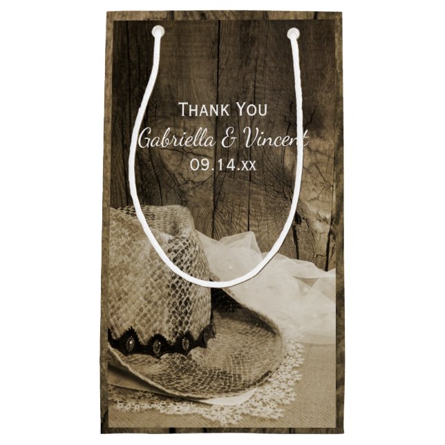 Cowboy Hat and Barn Wood Western Wedding Thank You Small Gift Bag (Front)