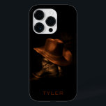 Cowboy Hat and Leather Boots Masculine Personalise Case-Mate iPhone 14 Pro Case<br><div class="desc">A pair of black leather cowboy boots stand on the floor with a brown cowboy hat draped over the top. Personalise by editing the text or delete text for no name.</div>