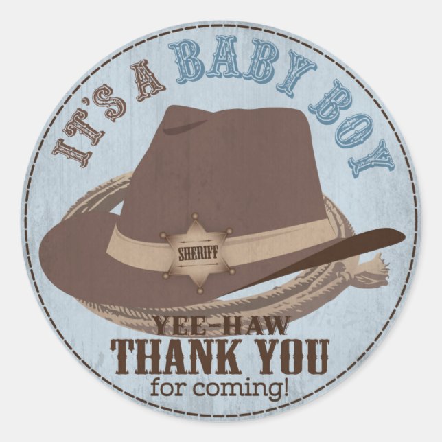 Cowboy Hat and Rope Western Baby Shower Classic Round Sticker (Front)