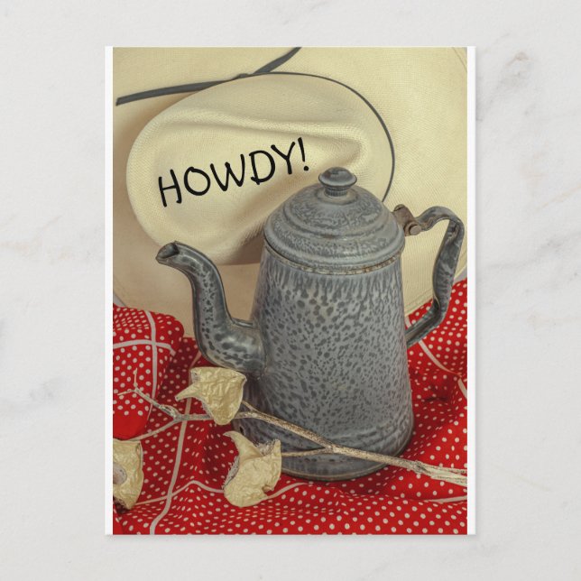 Cowboy hat at the table with the coffee pot postcard (Front)