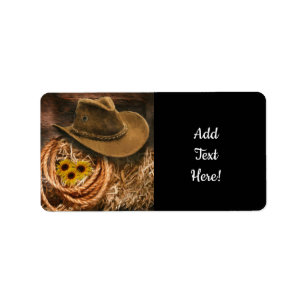 Cowboy Hat Barn Lasso Straw Bale Sunflowers Label