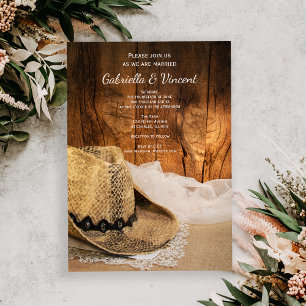 Cowboy Hat Barn Wood Western Wedding Invitation