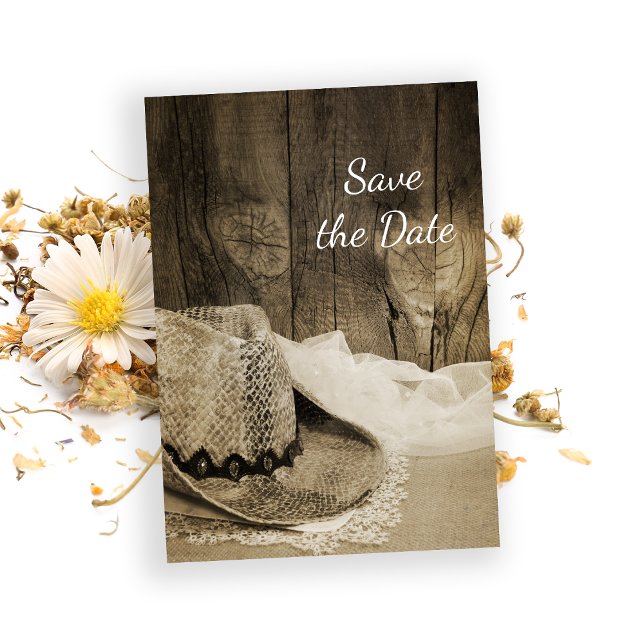 Cowboy Hat Barn Wood Western Wedding Save the Date (Creator Uploaded)